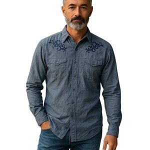 Resistol University Western Shirt Blue Long Sleeve University Fit Embro. Men's L